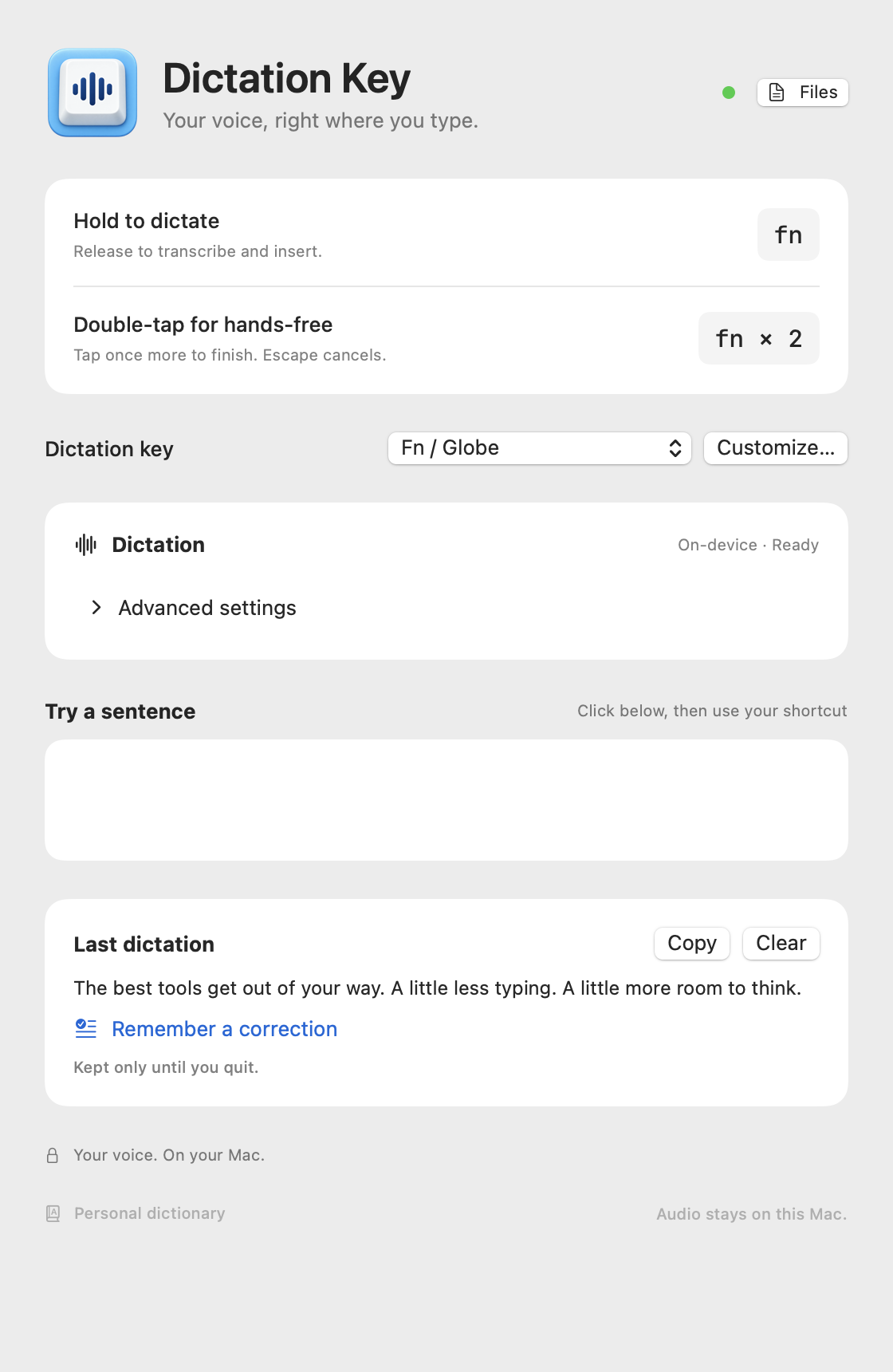 Dictation Key app showing hold-to-dictate and double-tap shortcuts, speech model selection and language settings