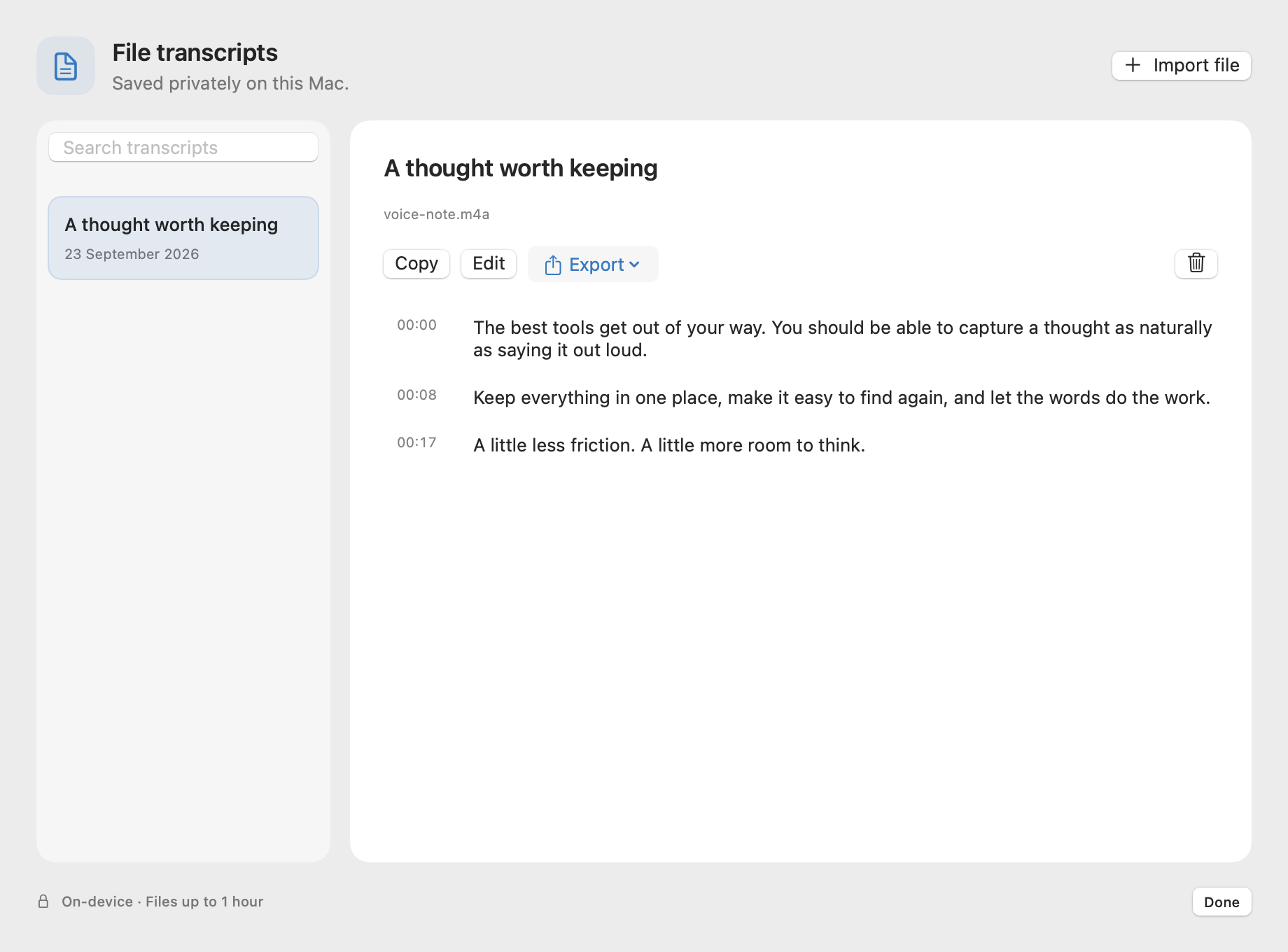 Actual Dictation Key transcript library with timestamps and export options